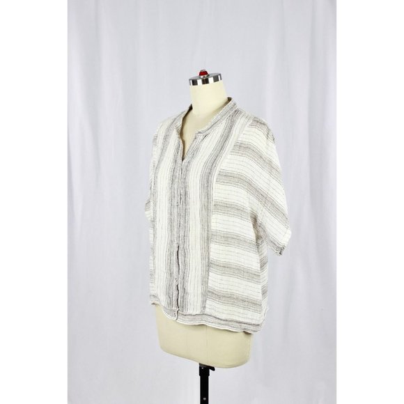 POLDER Spencer White Black Striped Linen Gauze Mandarin Collar Blouse, Size 42 - Picture 6 of 13